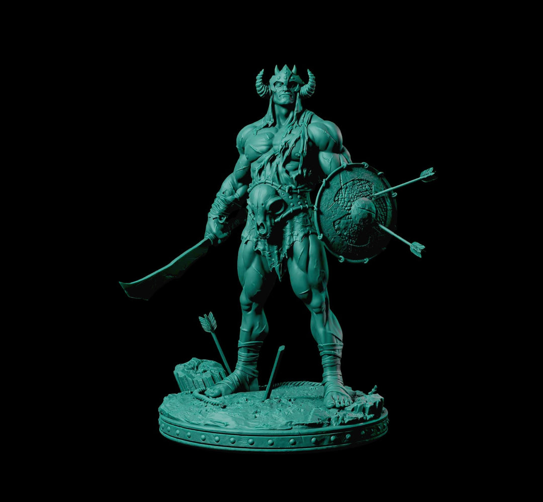 A statue of a muscular, horned warrior holding a shield and sword, standing on a base with various weapons and armor pieces around it.