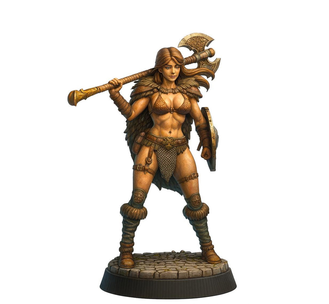 Human Female Barbarian Fighter UNPAINTED Resin Mini | 28mm,32mm,54mm,75mm,100mm Scale Resin Miniature |Dungeons and Dragons 5e | Pathfinder