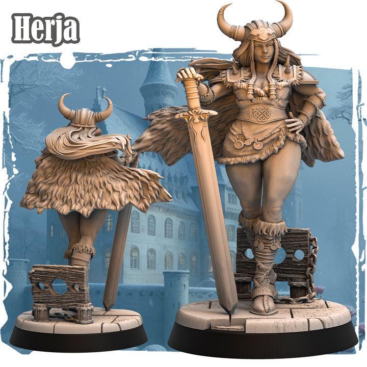 Human Female Barbarian Fighter UNPAINTED Resin Mini | 28mm,32mm,54mm,75mm,100mm Scale Resin Miniature |Dungeons and Dragons 5e | Pathfinder