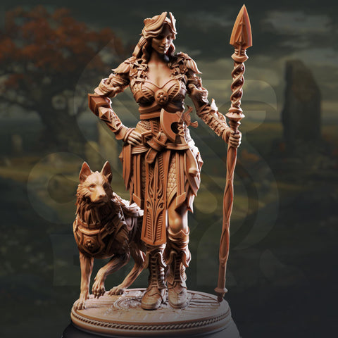 Female Fighter, Ranger, Spear and Hound | D&D 5e Mini | 5 Sizes /Scales