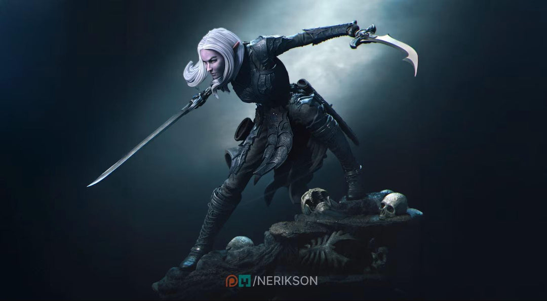 Dark Elf Fighter Miniature – Unpainted Female Resin | 5 Sizes