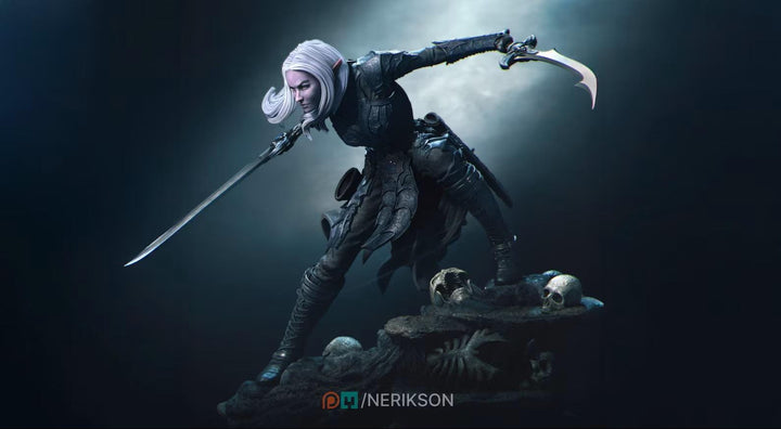Dark Elf Fighter Miniature – Unpainted Female Resin | 5 Sizes