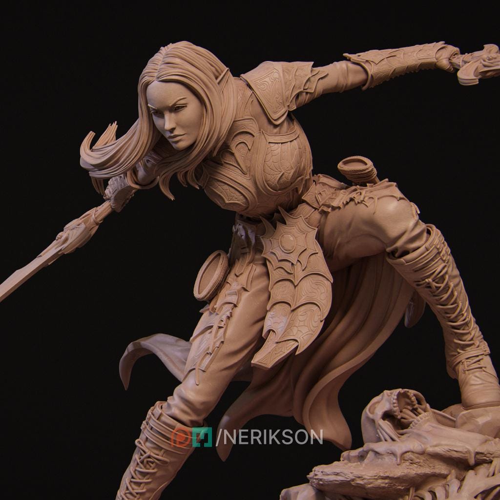 Dark Elf Fighter Miniature – Unpainted Female Resin | 5 Sizes