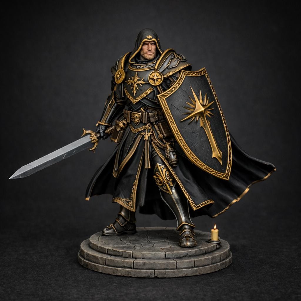 May include: A detailed figurine of a knight in black and gold armor, holding a sword and shield. The shield features a gold cross design. The knight stands on a stone base with a lit candle. The figure is set against a dark background.