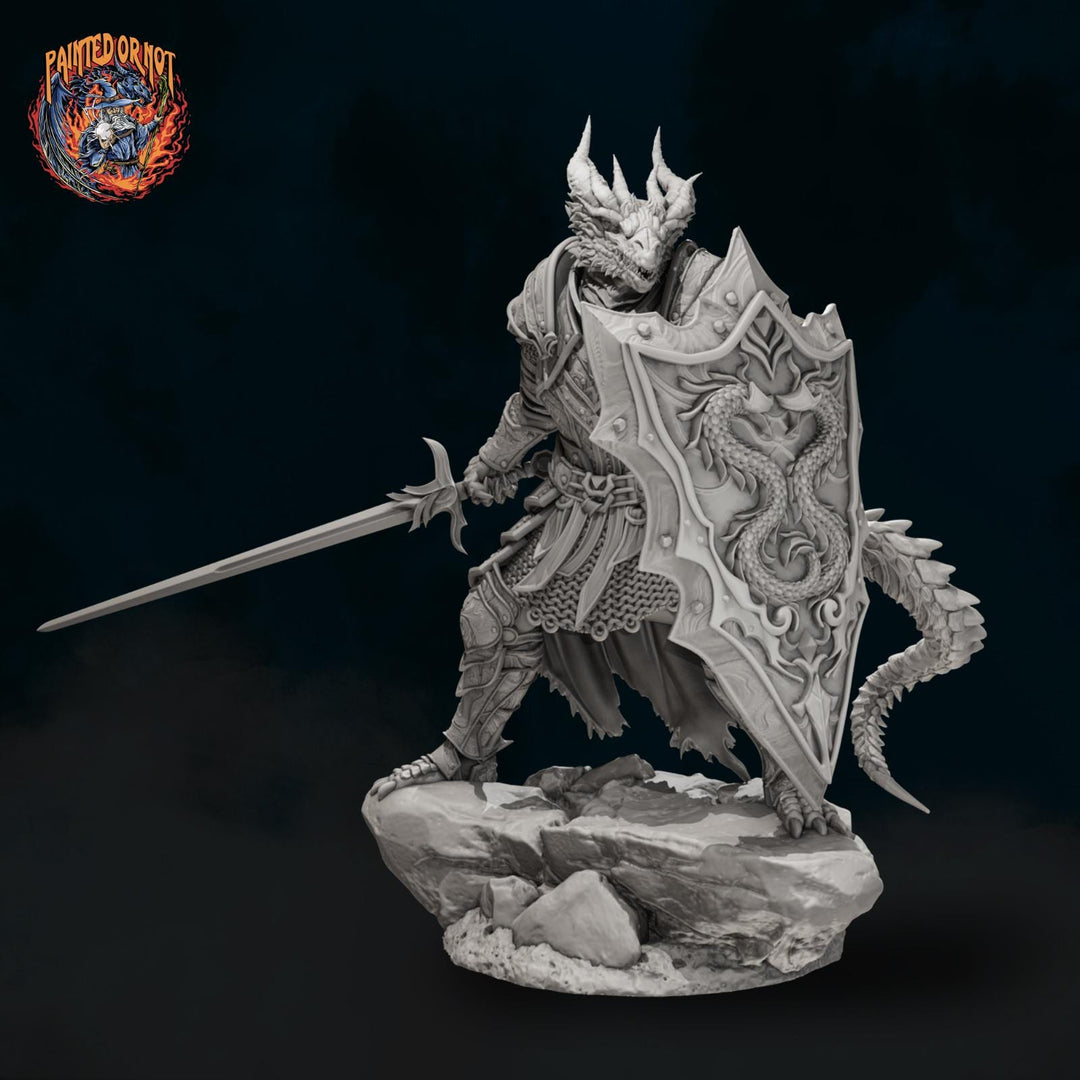Dragonborn Paladin Miniature, Sword &amp; Shield | PaintedOrNot Original Unpainted Mini