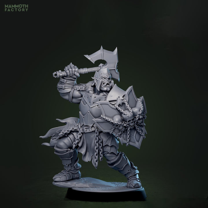 Orc War Chief Miniature | Axe and Skull Shield Boss Fighter | DnD UNPAINTED Resin