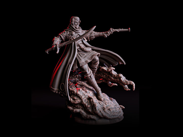 Human Gunslinger Fighter Miniature | Sword and Pistol Warrior | UNPAINTED Resin