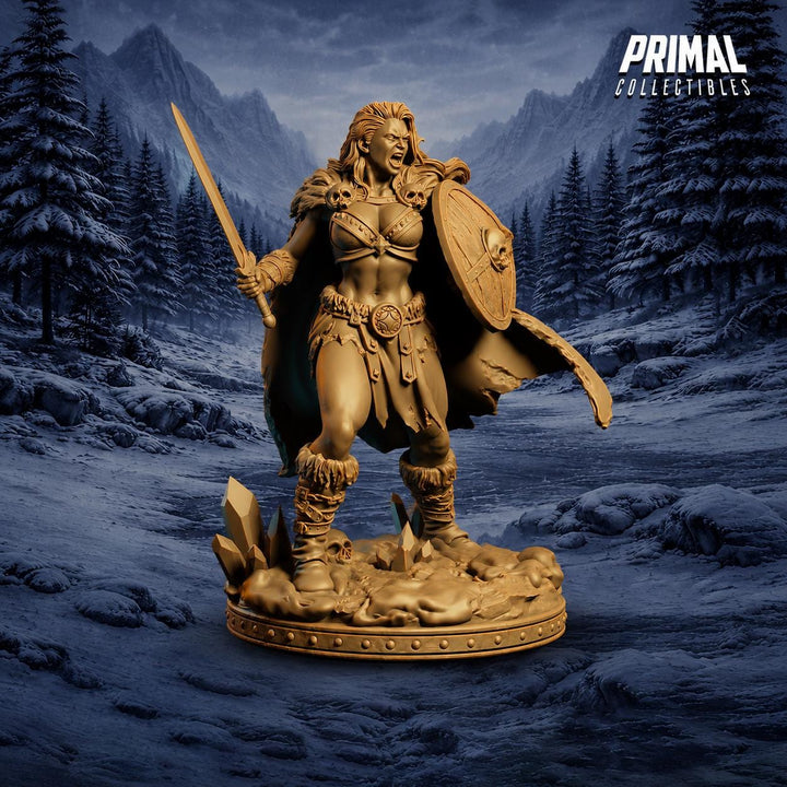 Female Barbarian Miniature DnD Sword Shield Warrior | UNPAINTED Resin for Pathfinder