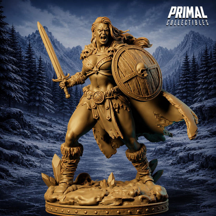 Female Barbarian Miniature DnD Sword Shield Warrior | UNPAINTED Resin for Pathfinder