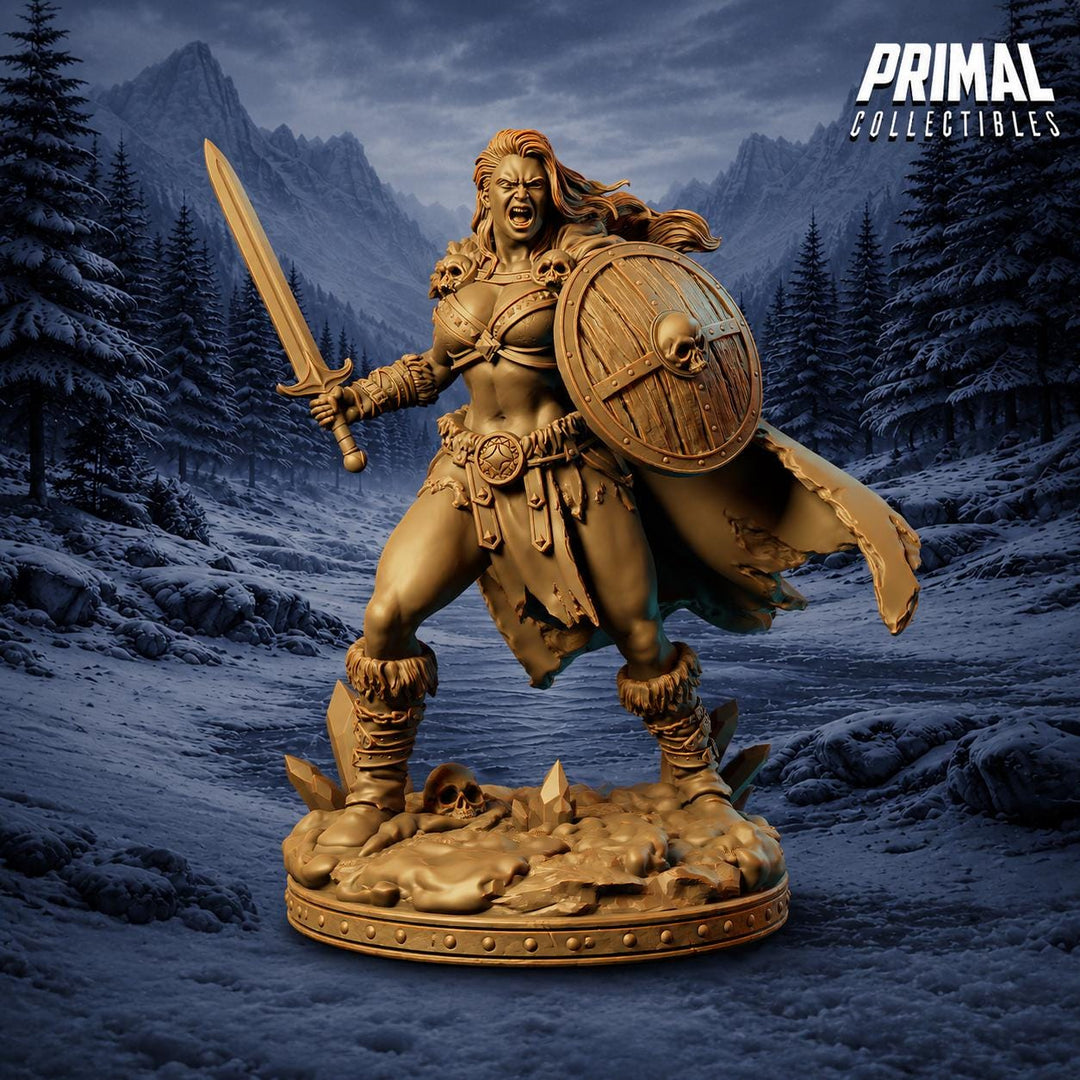 Female Barbarian Miniature DnD Sword Shield Warrior | UNPAINTED Resin for Pathfinder