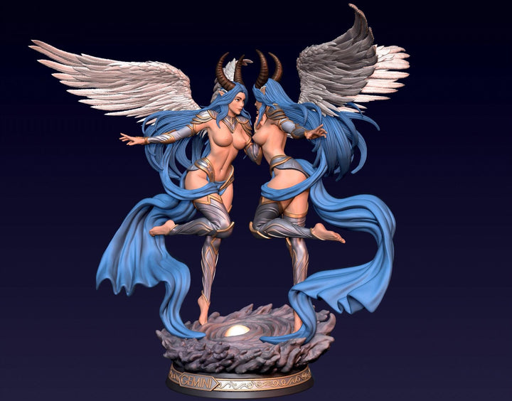 Female Angel Miniature | Gemini Zodiac Twin Sorceress NSFW Topless | UNPAINTED Resin DnD Pathfinder