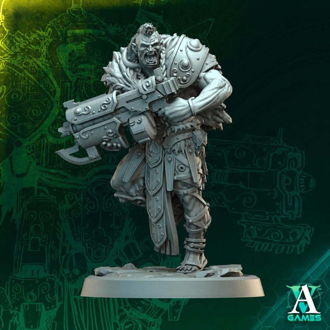 Sci-Fi Orc Assault Gunner Miniature | Armored Heavy Infantry | UNPAINTED Resin Wargame Figure