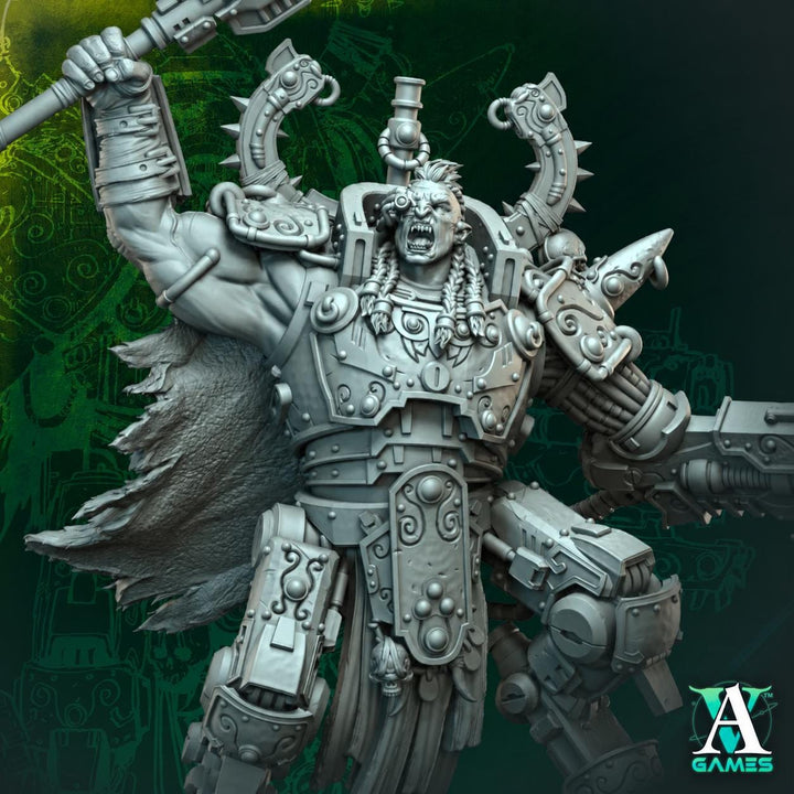 Sci-Fi Orc Warlord Miniature | Cybernetic Armored Commander with Axe | UNPAINTED Resin Wargame Figure