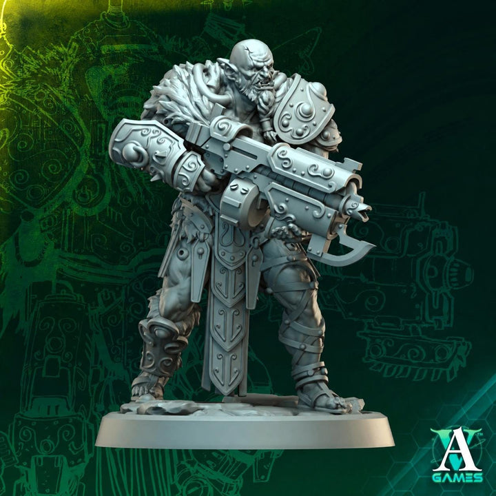 Sci-Fi Orc Heavy Gunner Miniature | Armored Wargame Infantry | UNPAINTED Resin