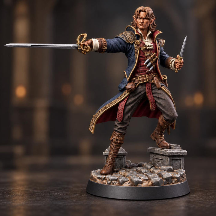 Half-Elf Swashbuckler Rogue Miniature | Tazeryn Sword &amp; Dagger Duelist Fighter | UNPAINTED Resin DnD Pathfinder