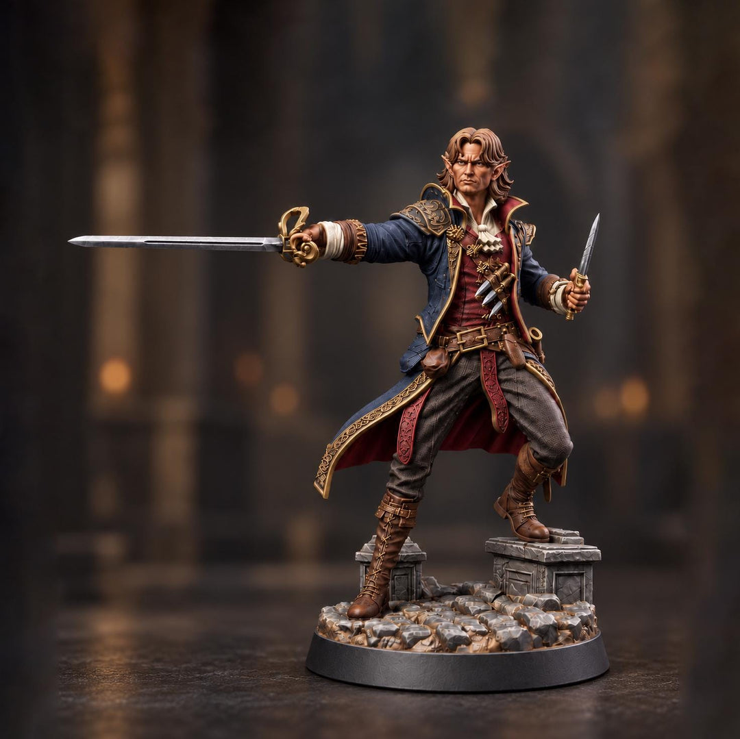 Half-Elf Swashbuckler Rogue Miniature | Tazeryn Sword &amp; Dagger Duelist Fighter | UNPAINTED Resin DnD Pathfinder