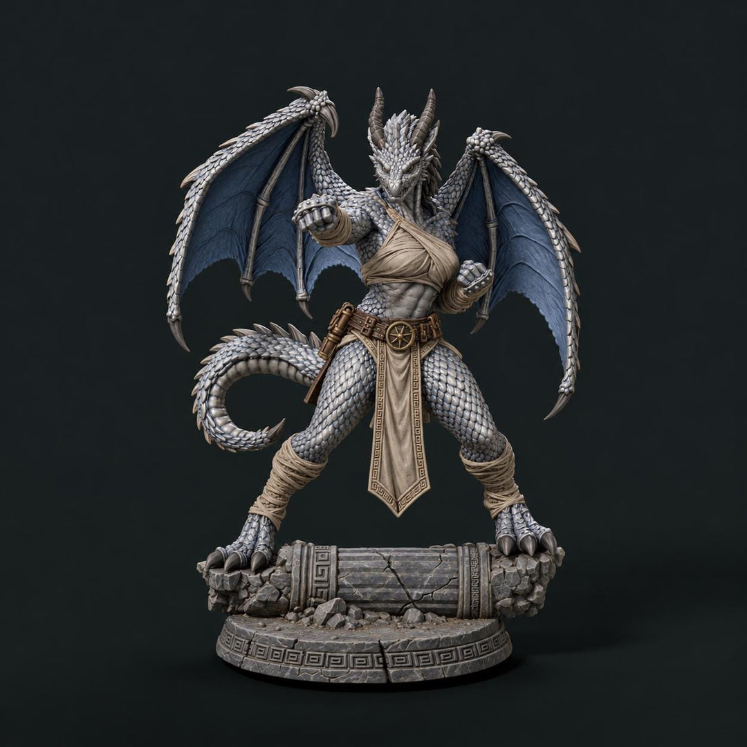 Female Silver Dragonborn Monk Miniature | Rhavelys Winged Open Hand Monk | UNPAINTED Resin DnD Pathfinder