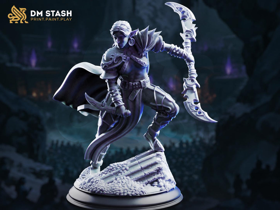 Female Dark Elf Rogue Miniature | Assassin with Polearm and Dagger | UNPAINTED Resin DnD Pathfinder