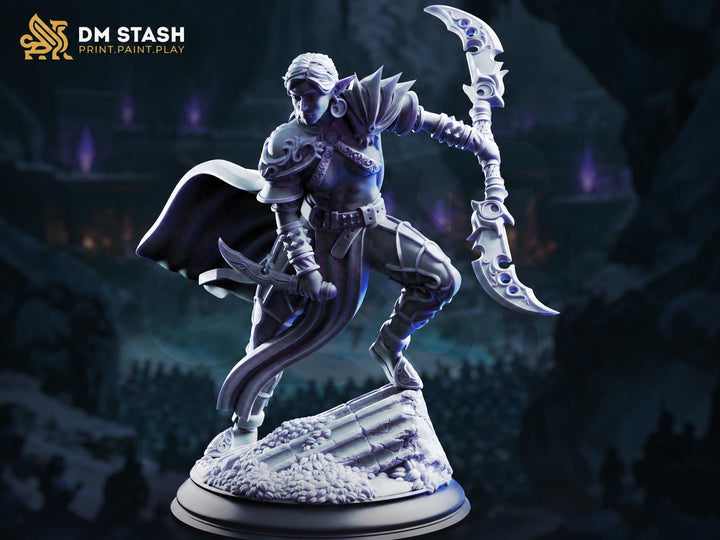 Female Dark Elf Rogue Miniature | Assassin with Polearm and Dagger | UNPAINTED Resin DnD Pathfinder
