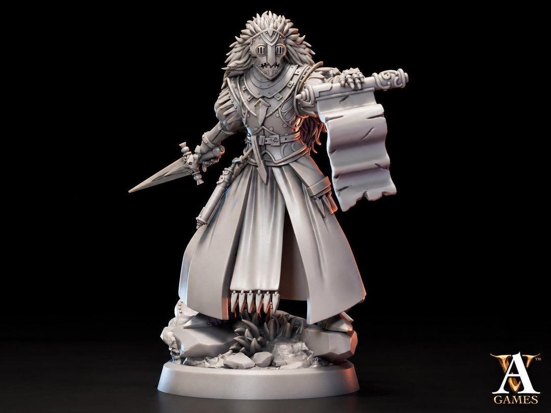 Masked Warlock Miniature | Armored Mage with Scroll and Dagger | UNPAINTED Resin DnD Pathfinder