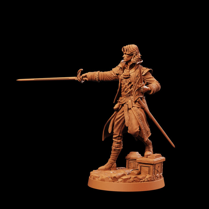 Half-Elf Swashbuckler Rogue Miniature | Tazeryn Sword &amp; Dagger Duelist Fighter | UNPAINTED Resin DnD Pathfinder