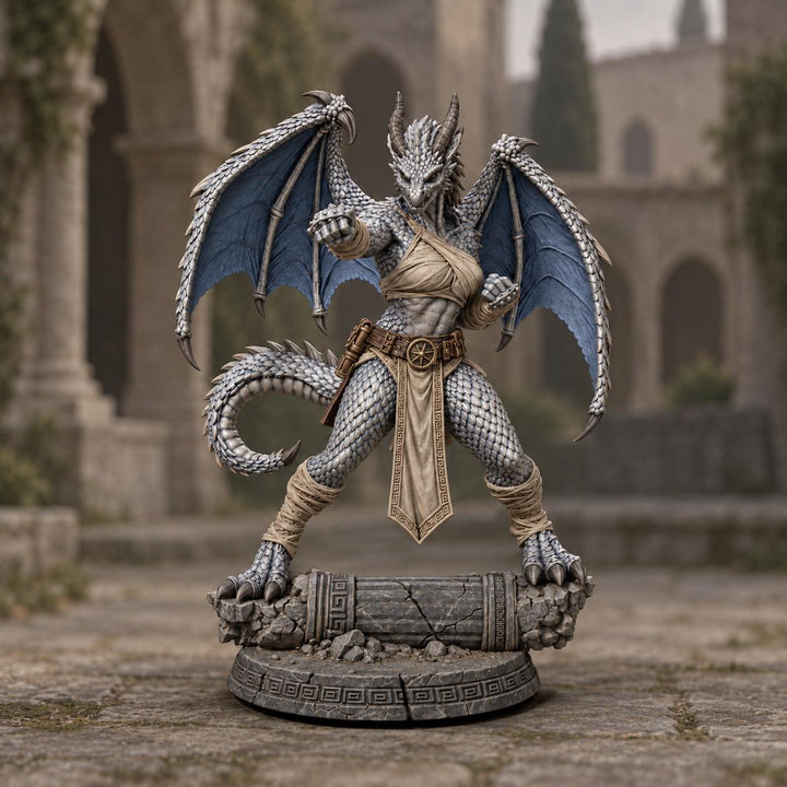 Female Silver Dragonborn Monk Miniature | Rhavelys Winged Open Hand Monk | UNPAINTED Resin DnD Pathfinder