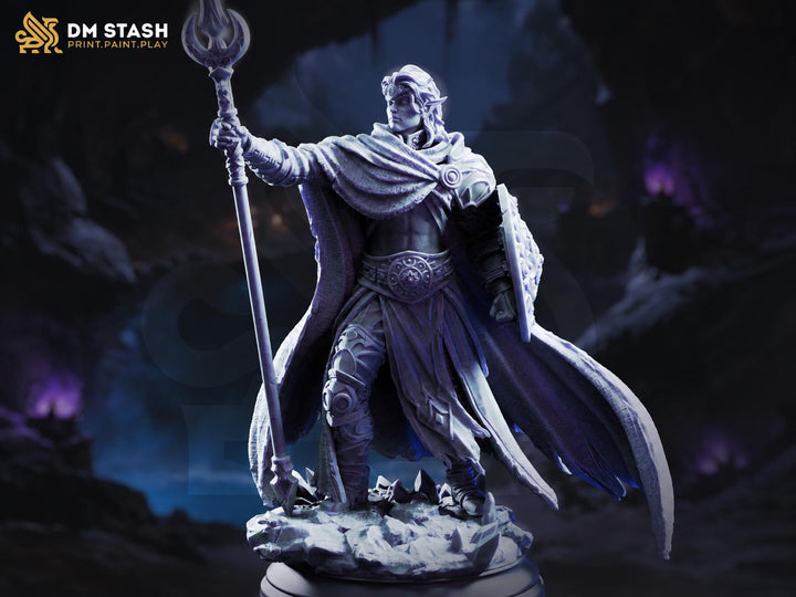 Dark Elf Cleric Miniature | Moon Priest with Spear and Shield | UNPAINTED Resin DnD Pathfinder