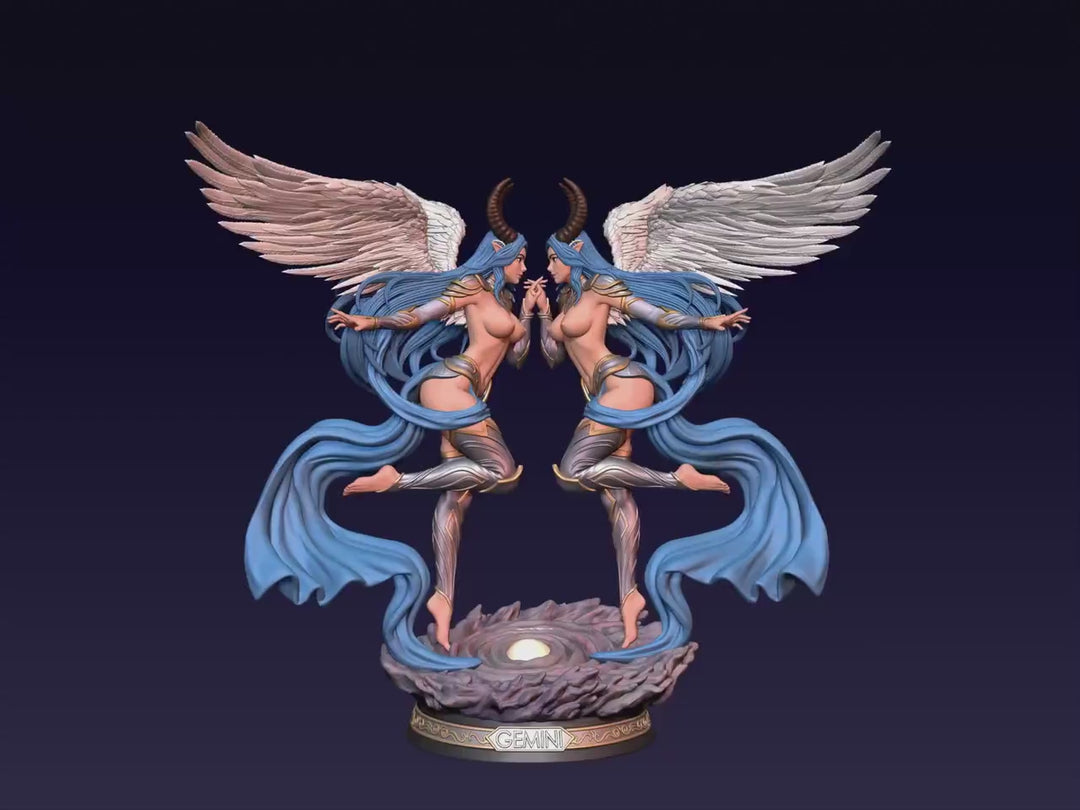 Female Angel Miniature | Gemini Zodiac Twin Sorceress NSFW Topless | UNPAINTED Resin DnD Pathfinder