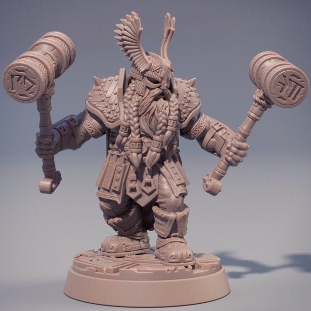 Dwarf Fighter | Dwarf | 2 warhammers| Fighter | Dungeons and Dragons | 28mm and 32mm | 75mm Tall Pathfinder | Mini Painting|