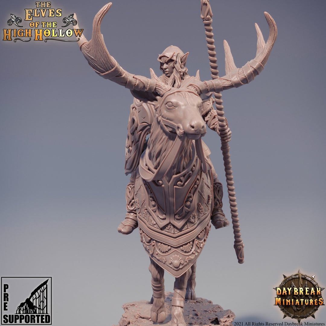 Female Wood Elf Ranger Mounted on Stag | Miniature | 28mm Scale | 32mm Scale | 75mm Scale | Pathfinder | DnD | Elf Figurine unpainted |