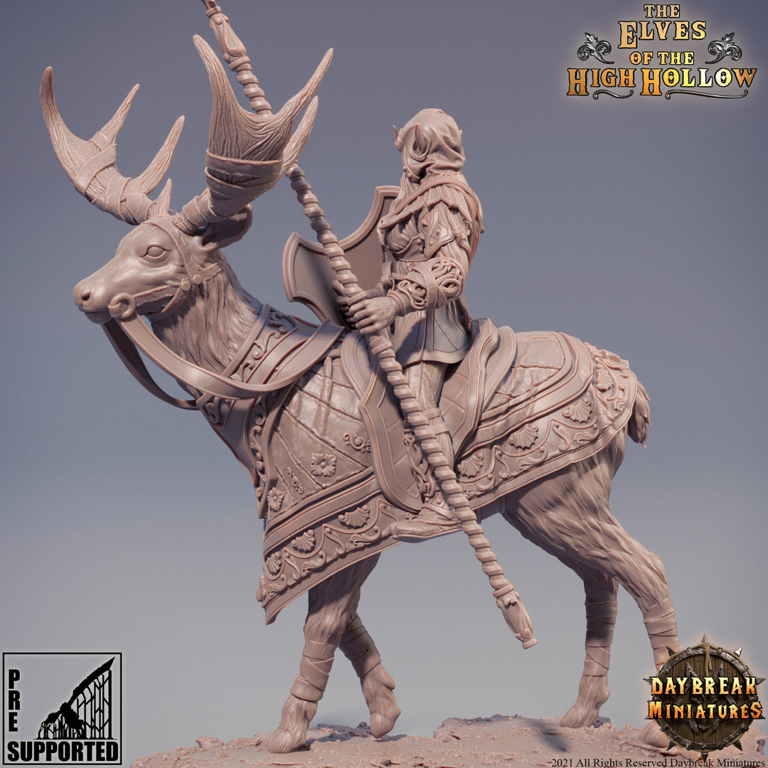 Female Wood Elf Ranger Mounted on Stag | Miniature | 28mm Scale | 32mm Scale | 75mm Scale | Pathfinder | DnD | Elf Figurine unpainted |