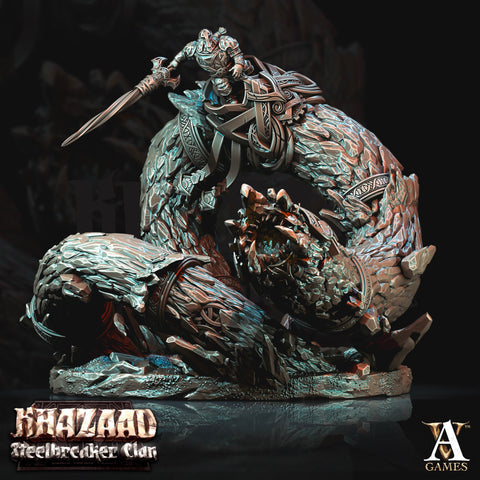 Dwarf Fighter Mounted on Gargantuan Worm | 110mm, Scale 28mm/32mm | Resin Miniature | Dungeons and Dragons Pathfinder 