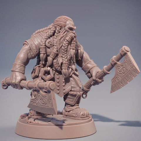 Dwarf Fighter 2 Hand Axes Miniature | Dungeons and Dragons | 28mm,32mm,75mm Scale | Pathfinder Mini for Painting