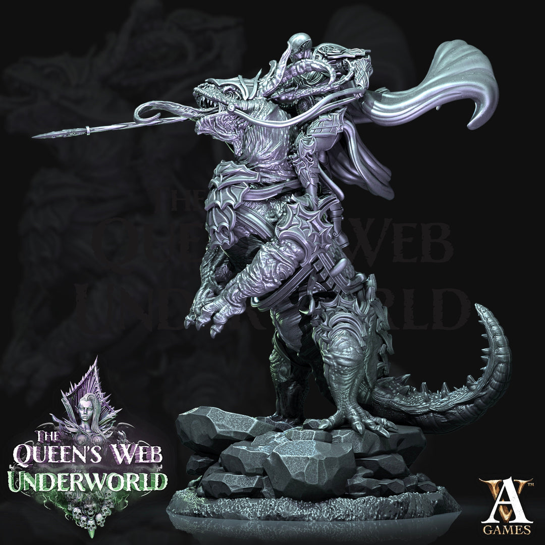 Mounted Dark Elf Fighter on Riding Lizard | 28mm and 32mm scale| DnD 5e Miniature | Drow Rider | Dungeons and Dragons| Pathfinder
