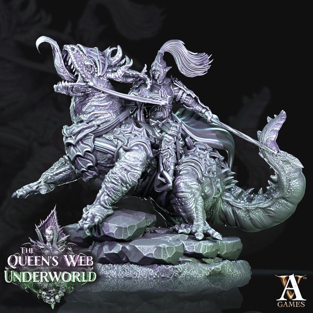 Mounted Dark Elf Fighter on Riding Lizard | 28mm and 32mm scale| DnD 5e Miniature | Drow Rider | Dungeons and Dragons| Pathfinder