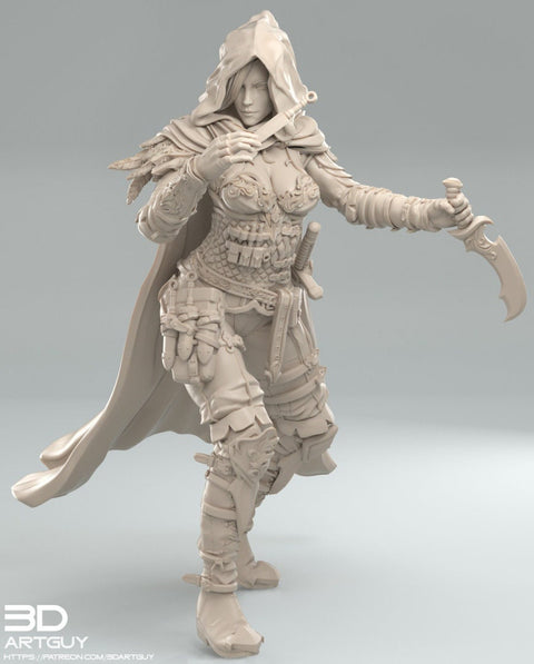 Pinup Female Human Assassin Rogue Sneaking PC or NPC | 28mm, 32mm Scales also 50mm and 100mm | Dungeons and Dragons | Pathfinder | 3dArtGuy