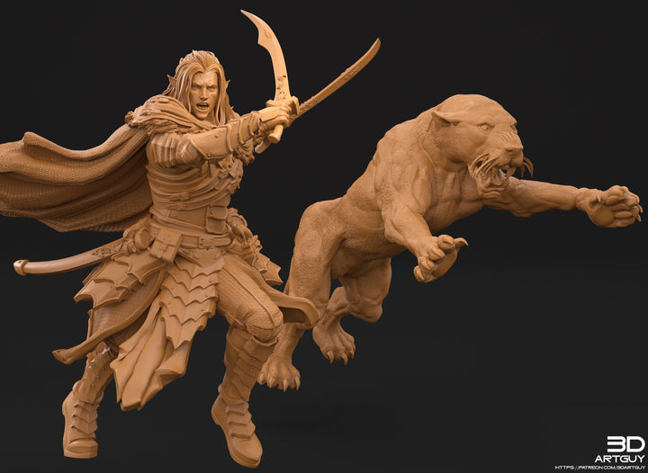 Famous Dark Elf Ranger and Magical Panther  | 28mm, 32mm Scales also 50mm and 100mm| Dungeons and Dragons| Pathfinder |3dArtGuy