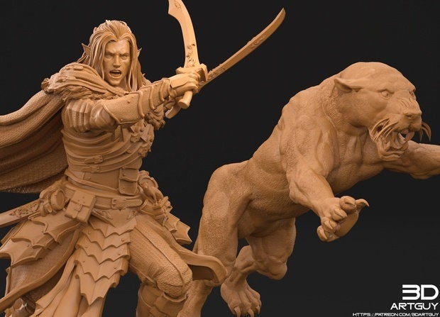 Famous Dark Elf Ranger and Magical Panther  | 28mm, 32mm Scales also 50mm and 100mm| Dungeons and Dragons| Pathfinder |3dArtGuy