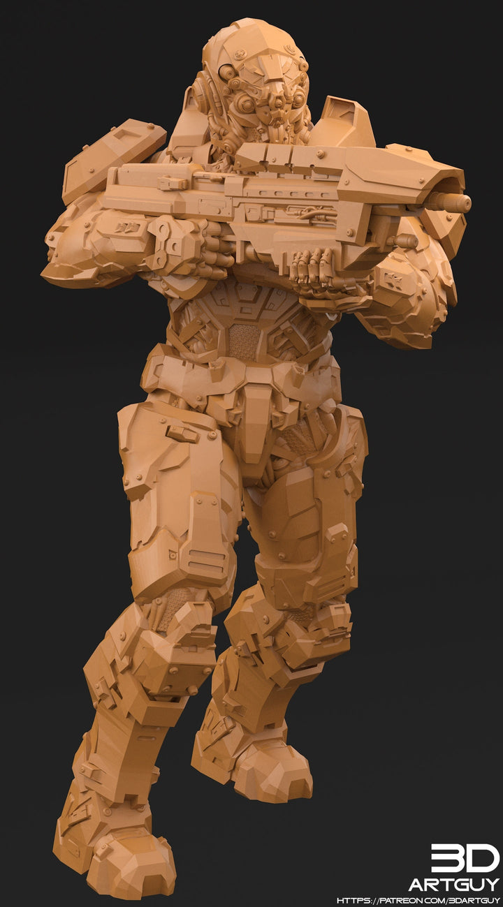 Space Spartan miniature with Rifle | 28mm, 32mm Scales also 50mm and 100mm | Sci-Fi Video Games miniatures | Fan Art | 3Dartguy|