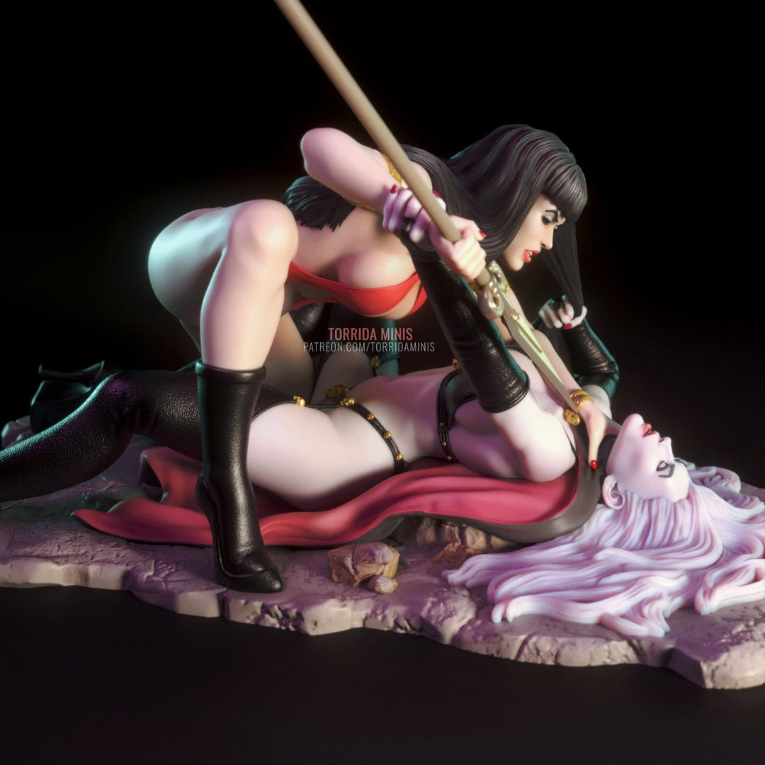 Sexy Pinup Female Fight Vampire vs Death Also Nude NSWF Option Mature  | 28mm, 32mm Scales also 50mm, 70mm, 100mm Tall | Comic | Fan Art