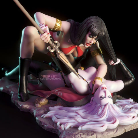 Sexy Pinup Female Fight Vampire vs Death Also Nude NSWF Option Mature  | 28mm, 32mm Scales also 50mm, 70mm, 100mm Tall | Comic | Fan Art