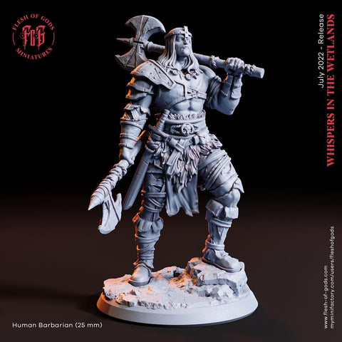 Barbarian Fighter Human Figure D&D5E  | 28mm, 32mm, 75mm Scale Resin Miniature | Dungeons and Dragons | Flesh Of Gods