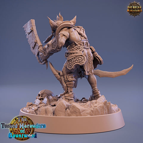 Tusked Goblin Sword Fighter | DnD Miniatures | Dungeons and Dragons | 28mm, 32mm, 75mm scale| Figure for Painting| Daybreak Miniatures