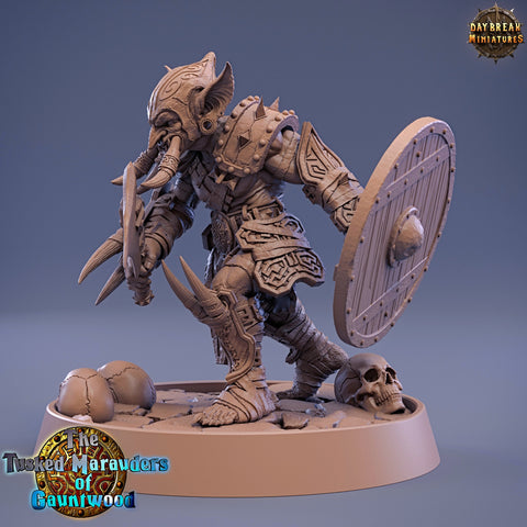 Tusked Goblin Axe & Shield Fighter | DnD Miniatures | Dungeons and Dragons | 28mm, 32mm, 75mm scale| Unpainted Figure| Daybreak Miniatures