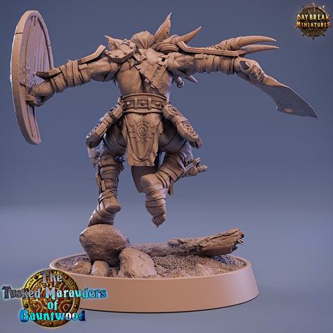 Goblin Tusked Sword & Shield Fighter | DnD Miniatures | Dungeons and Dragons | 28mm, 32mm, 75mm scale| Unpainted Figure| Daybreak Miniatures