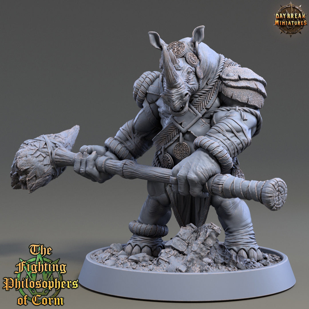 Rhinokin, Rhino-folk Warrior  Scales: 28mm, 32mm,54mm,75mm | D&D 5e Megaboss | Dungeons and Dragons | Pathfinder | Daybreak Miniatures