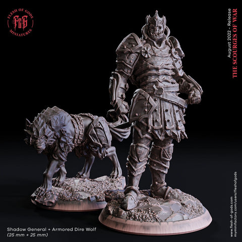 Undead Death Knight, Shadow General and Dire Wolf  | 28mm, 32mm, 75mm Scale Resin Miniature | Flesh of Gods | Dungeons and Dragons |