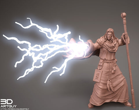 Human Male Wizard Lightning Bolt Spell | Resin Figure| 28mm, 32mm,75mm Scales, 100mm Tall| Dungeons and Dragons | Pathfinder | Battle Wizard