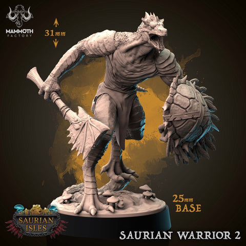 Lizardfolk Lizardman Warrior | 28mm, 32mm,75mm Scales | Dungeons and Dragons | Unpainted Figure | Mammoth Factory