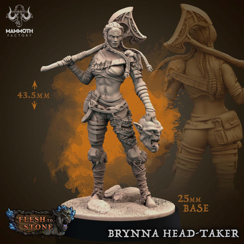 Human Female Barbarian Fighter | 28mm, 32mm, 75mm Scale Resin Miniature |Dungeons and Dragons | Brynna Head-Taker | Mammoth Factory
